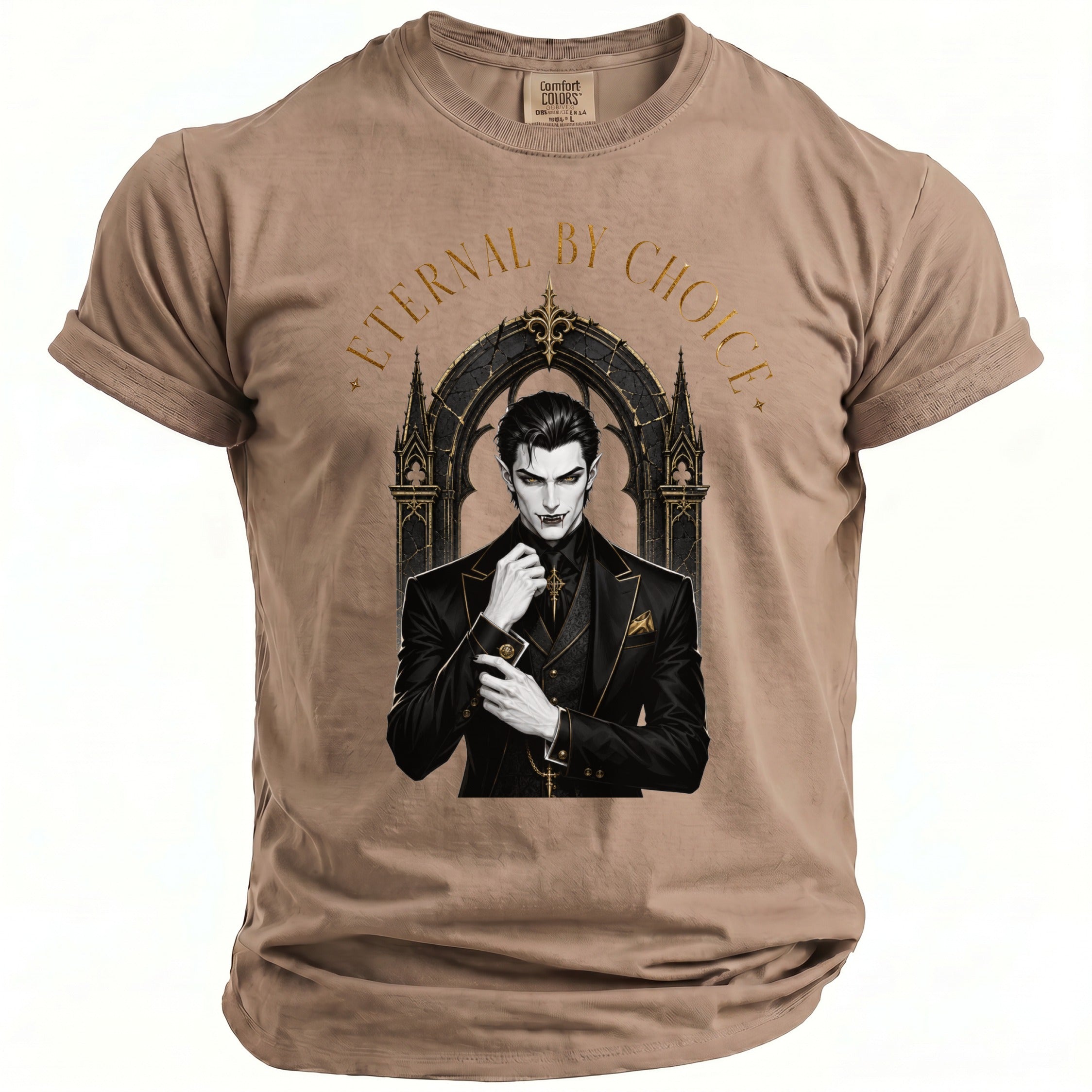 Brown t-shirt with gothic vampire art and "ETERNAL BY CHOICE" text.