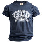 Navy t-shirt with "Best Man Officially Appointed Bachelor Party 2026" graphic.