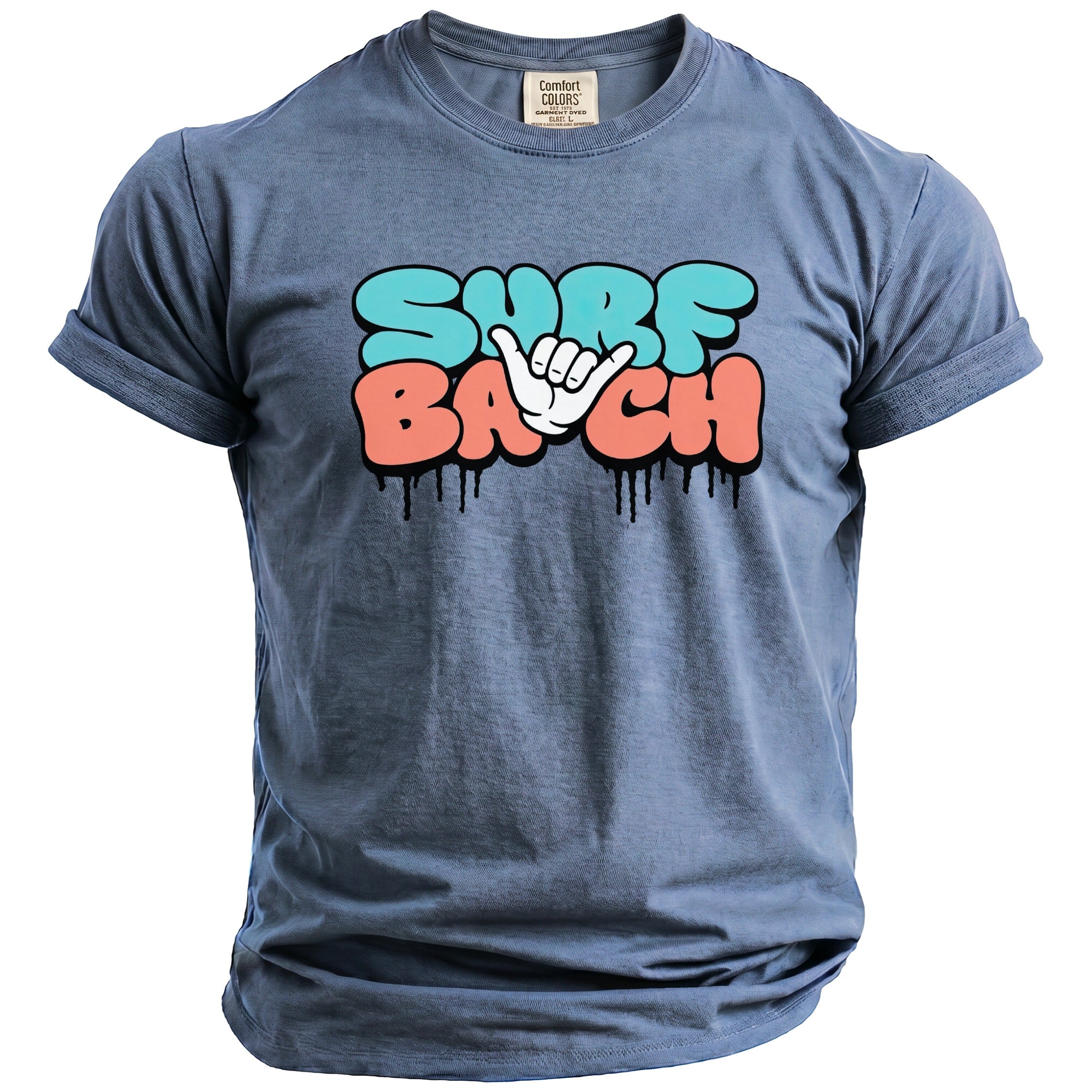 Blue t-shirt with "SURF" in aqua and "BACH" in coral, dripping paint graphic.