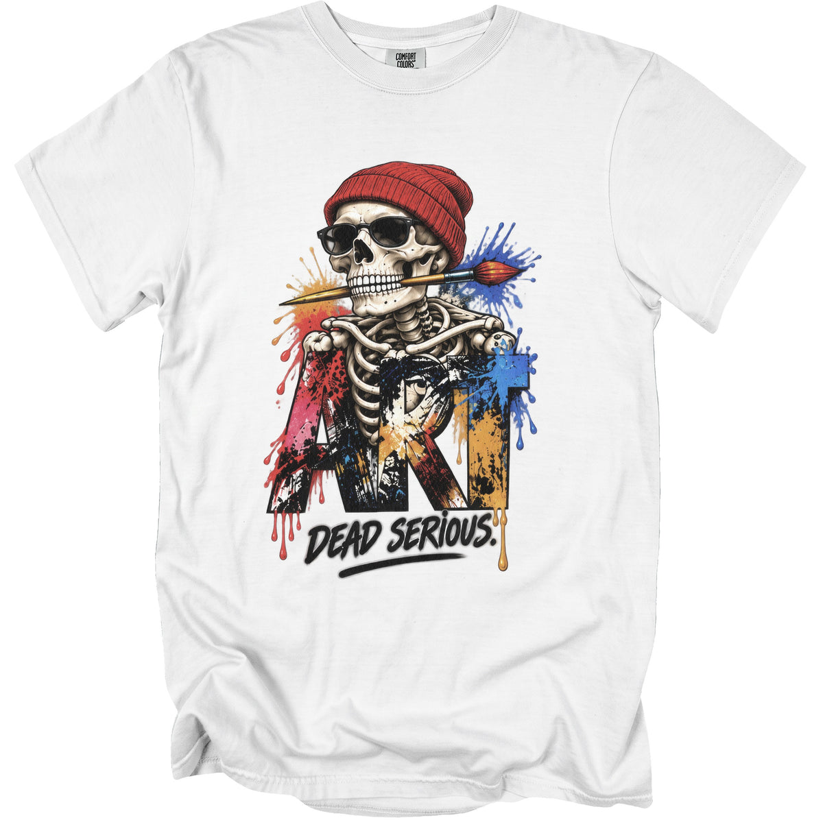 White t-shirt with skeleton wearing red beanie, sunglasses, holding paintbrush, and "ART DEAD SERIOUS." text.