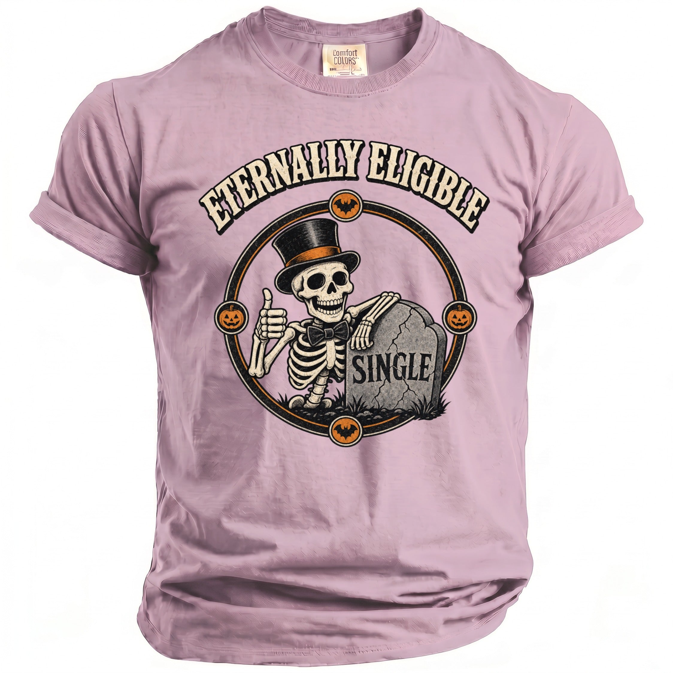 Shirt with skeleton wearing top hat, "Eternally Eligible" text, and tombstone reading "Single."