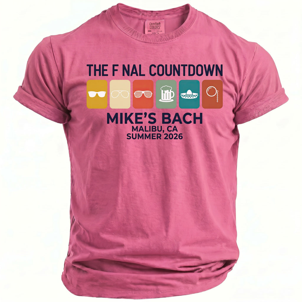 Pink t-shirt with "The Final Countdown Mike's Bach Malibu, CA Summer 2026" and icons.
