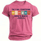 Pink t-shirt with "The Final Countdown Mike's Bach Malibu, CA Summer 2026" and icons.