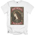 White t-shirt with "ART HEALS ALWAYS" text and woman's profile art.