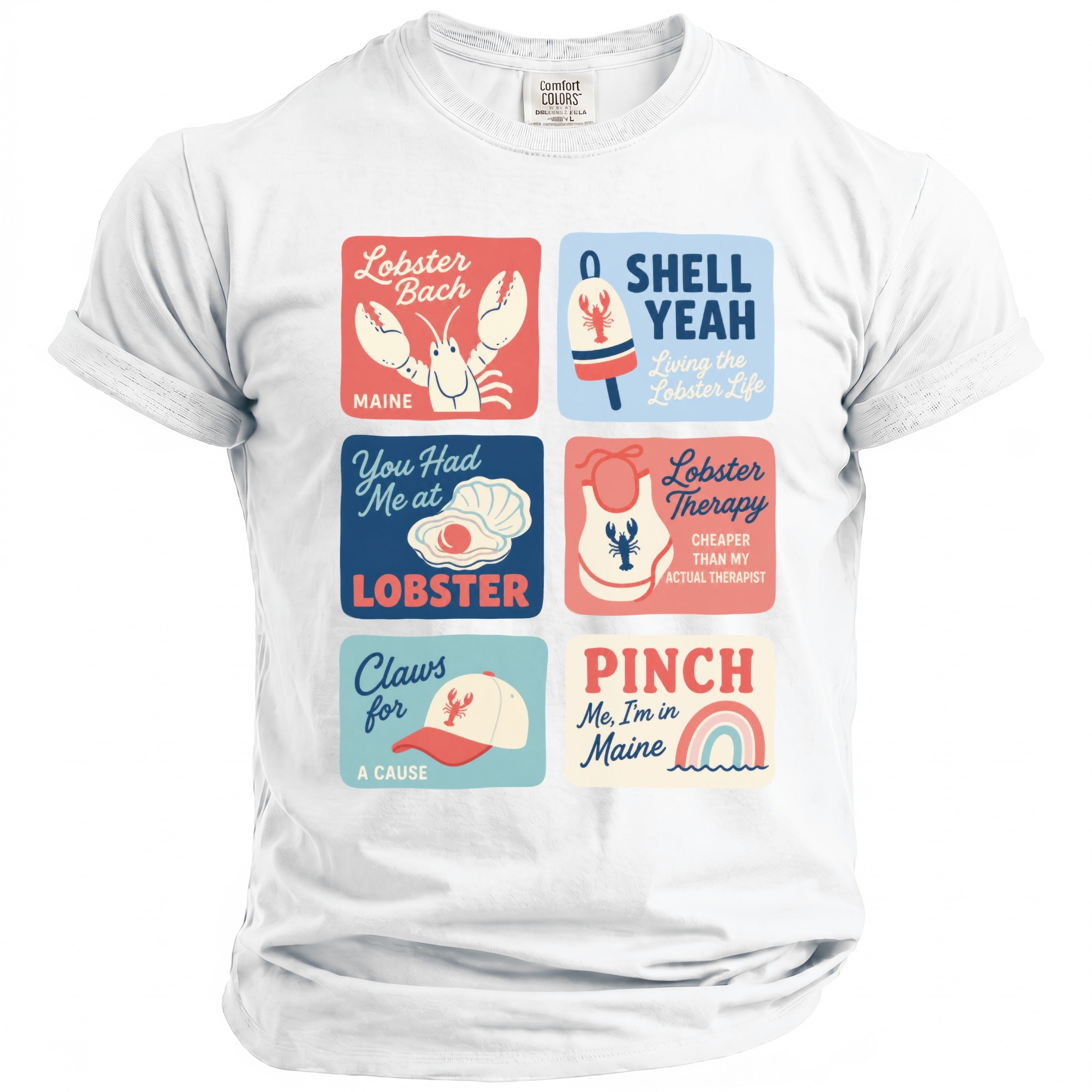 White t-shirt with six square graphics featuring lobster-themed sayings and illustrations.