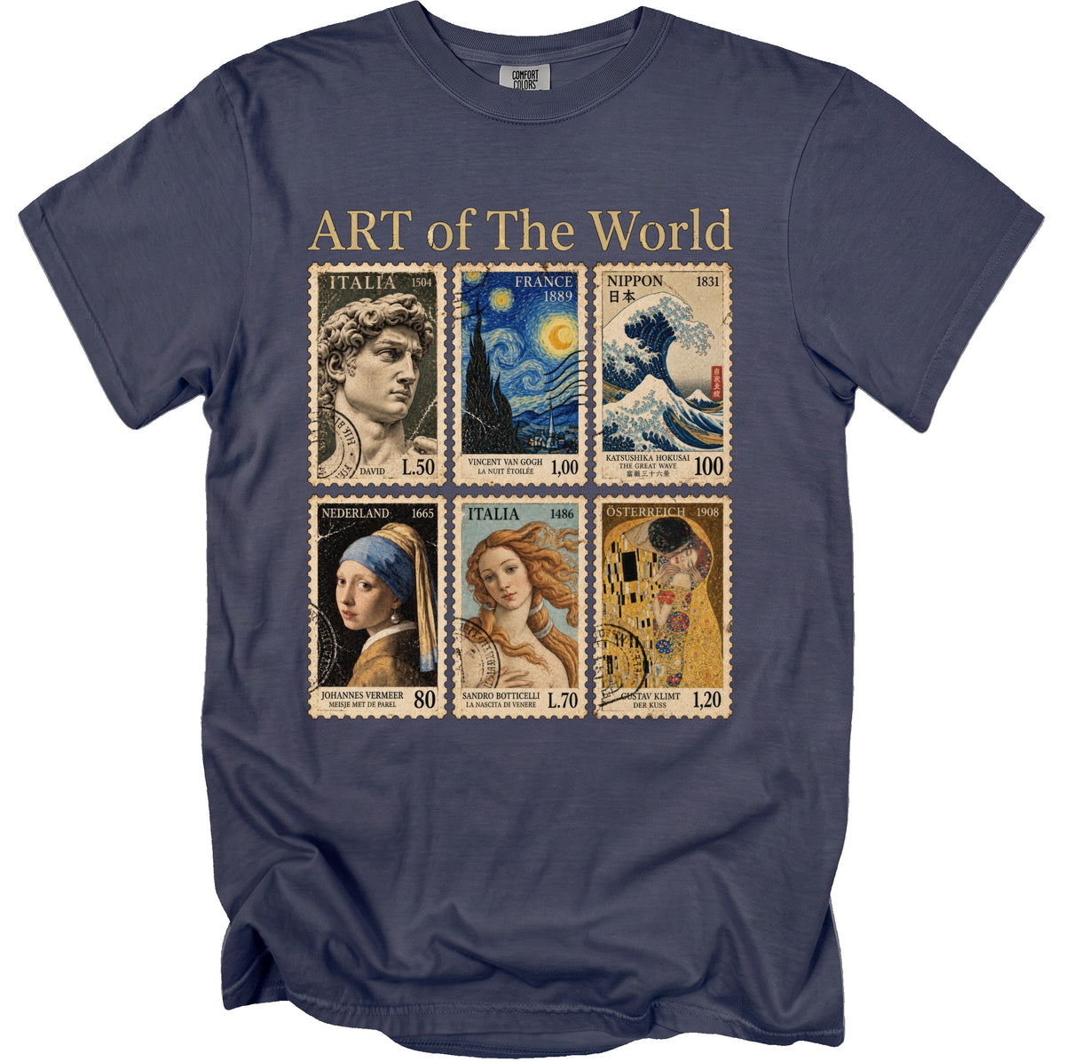 T-shirt with "Art of The World" title and six famous paintings as stamps.