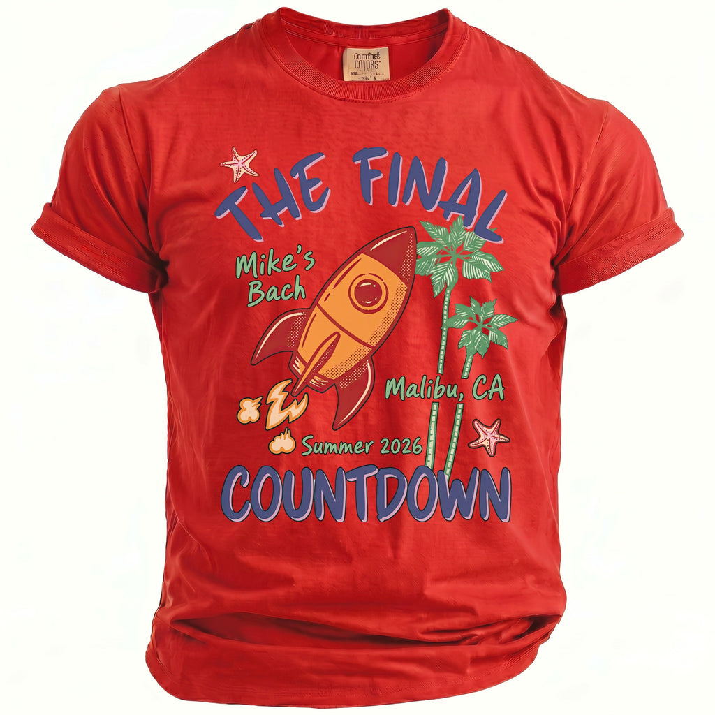 Red t-shirt with "The Final Mike's Bach Countdown" and rocket graphics.