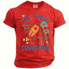 Red t-shirt with "The Final Mike's Bach Countdown" and rocket graphics.