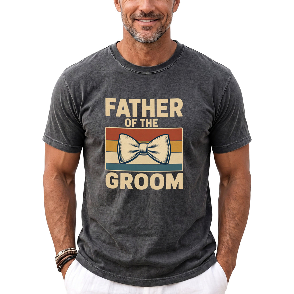 Grey t-shirt with "Father of the Groom" and a bow tie graphic.