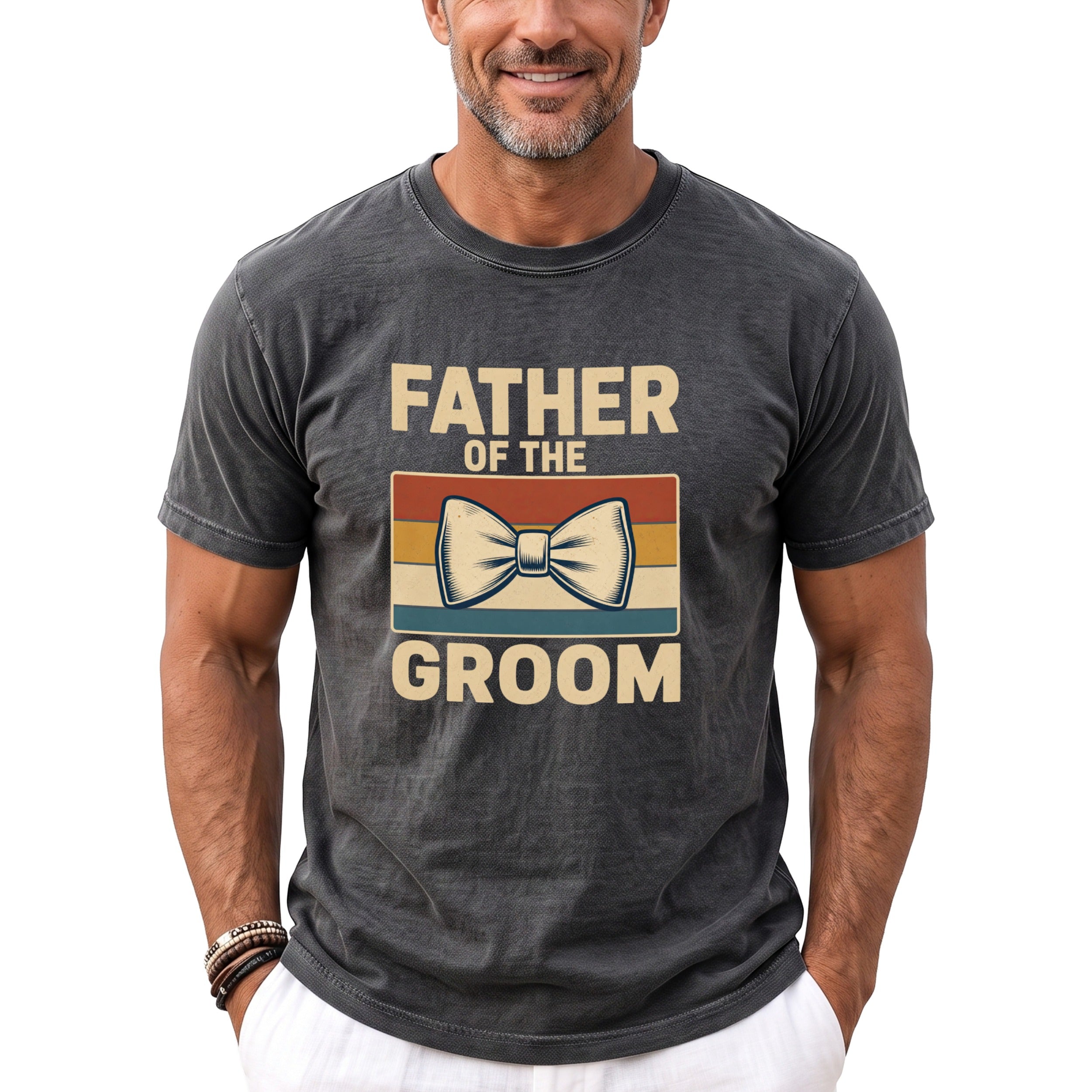 Grey t-shirt with "Father of the Groom" and a bow tie graphic.