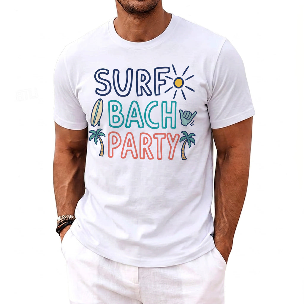 White t-shirt with "SURF BACH PARTY" text, palm trees, surfboard, sun, and shaka sign graphics.