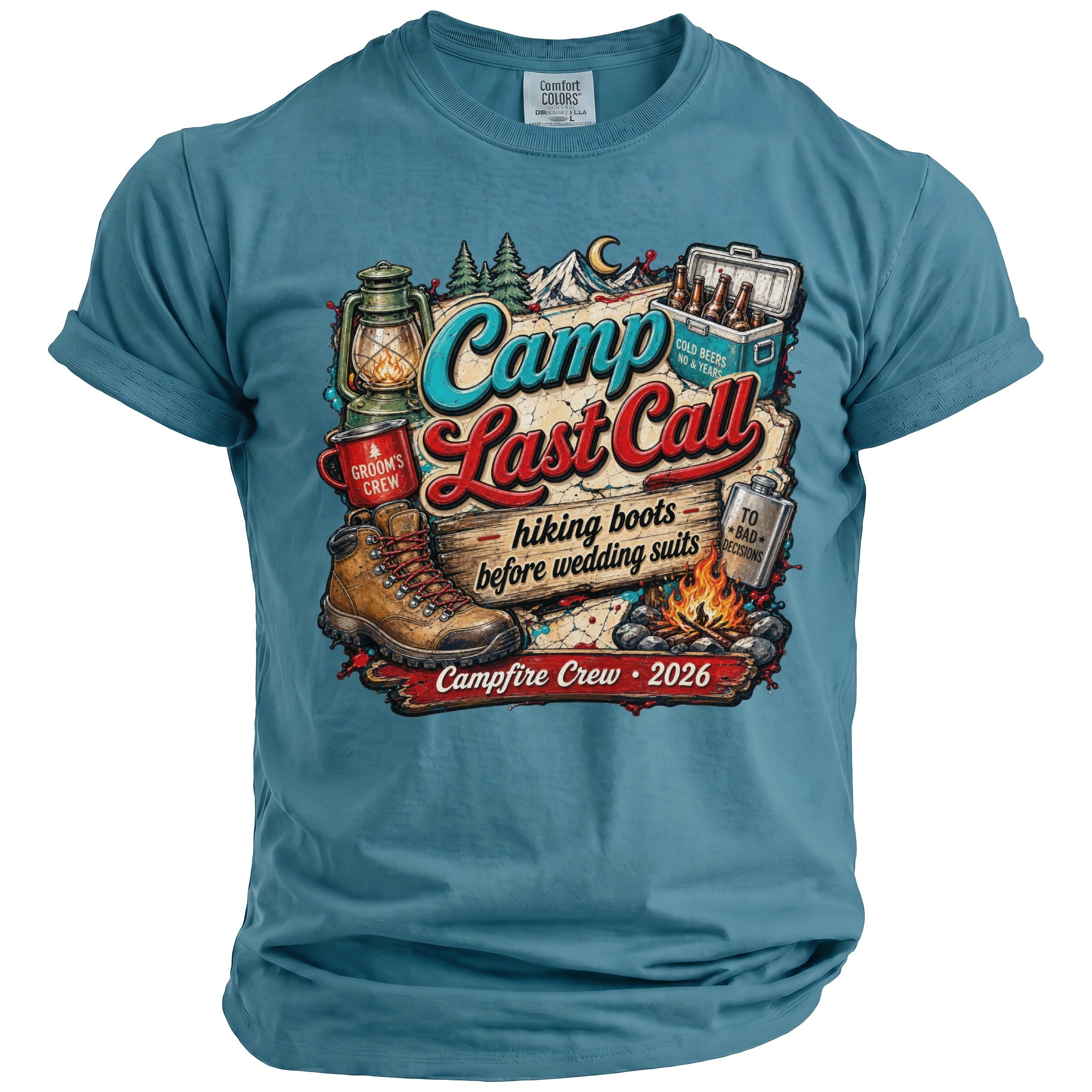 A blue crewneck t-shirt featuring camping graphics and the text Camp Last Call.