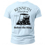 Light blue t-shirt with "Kenneth Last Swing Miami FL EST 2026 Before the Ring" and golf cart graphic.