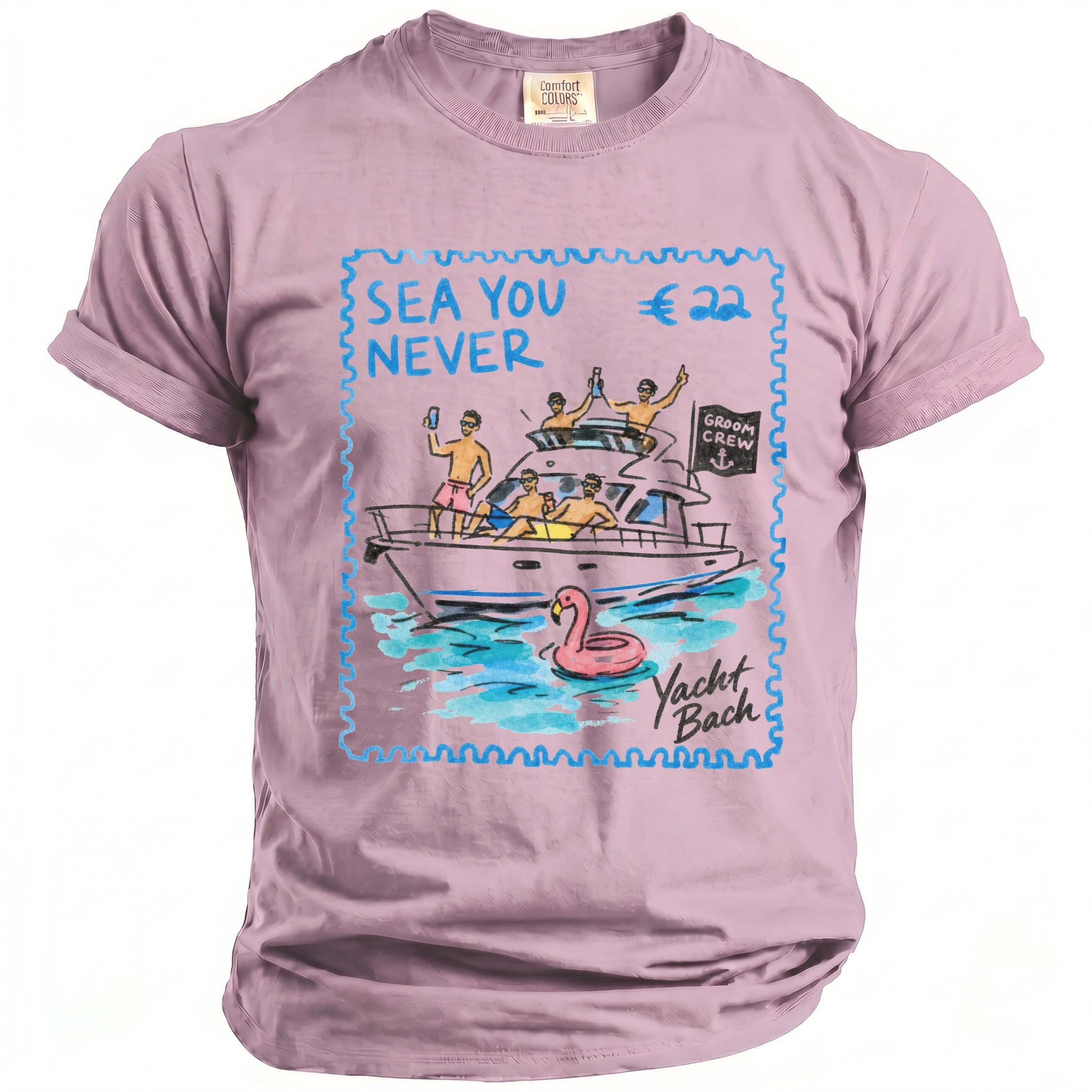 T-shirt graphic: "Sea You Never" stamp with yacht, men, and flamingo float.