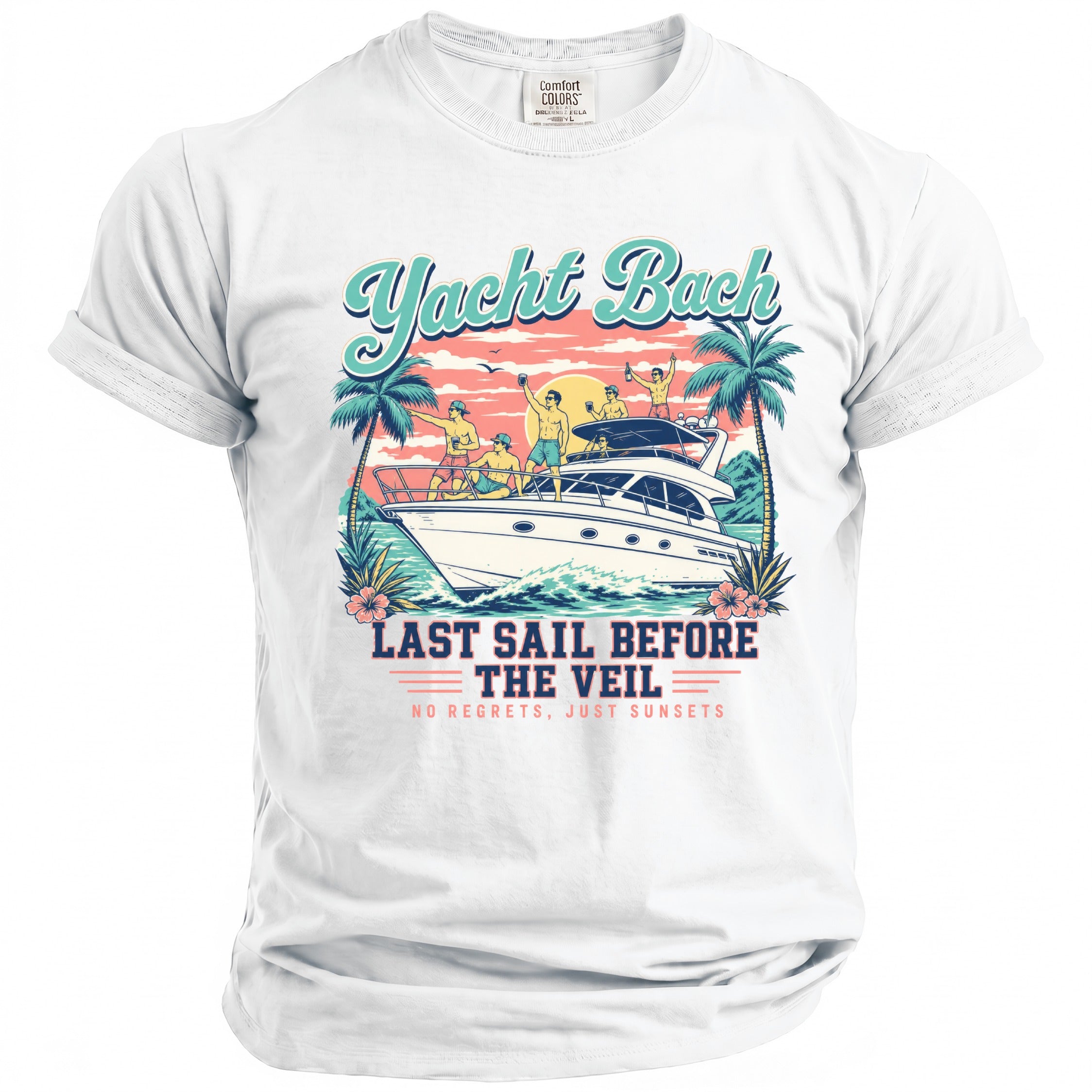 A white crewneck t-shirt featuring a retro graphic of a yacht with men partying at sunset.