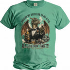 T-shirt graphic of a dragon in a tuxedo holding beer and casino chips.