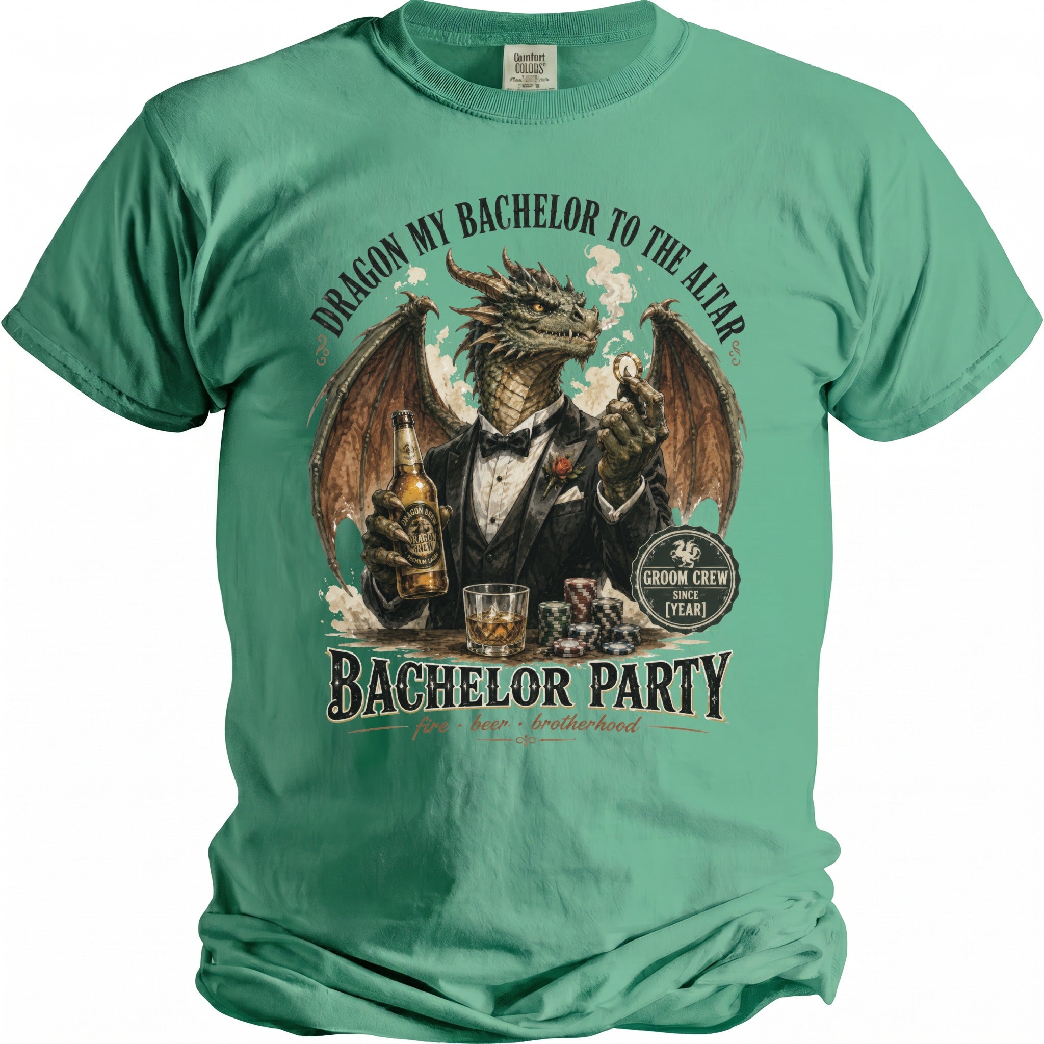 T-shirt graphic of a dragon in a tuxedo holding beer and casino chips.