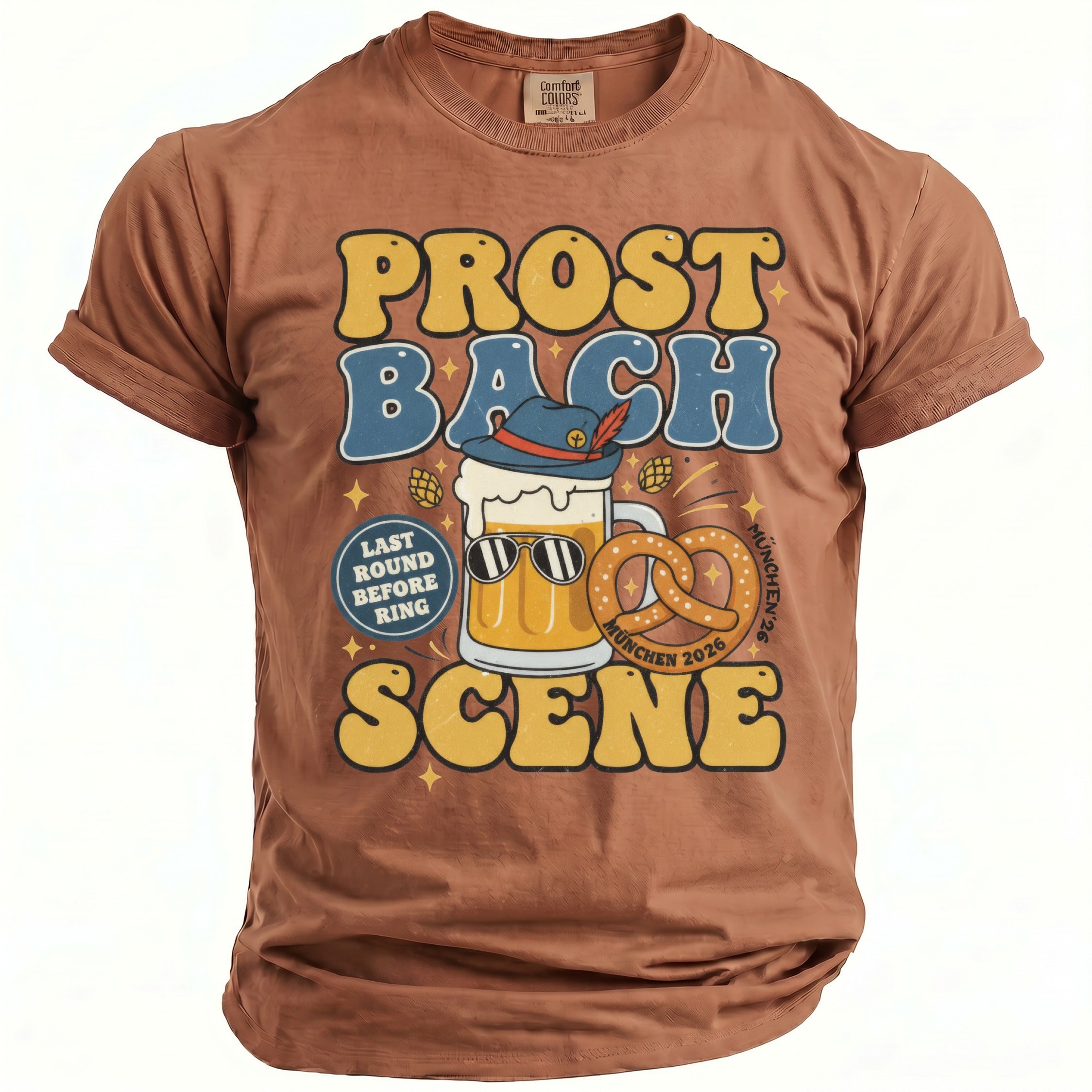 Brown t-shirt with "Prost Bach" text, sunglasses-wearing beer, pretzel, and Munich 2026.