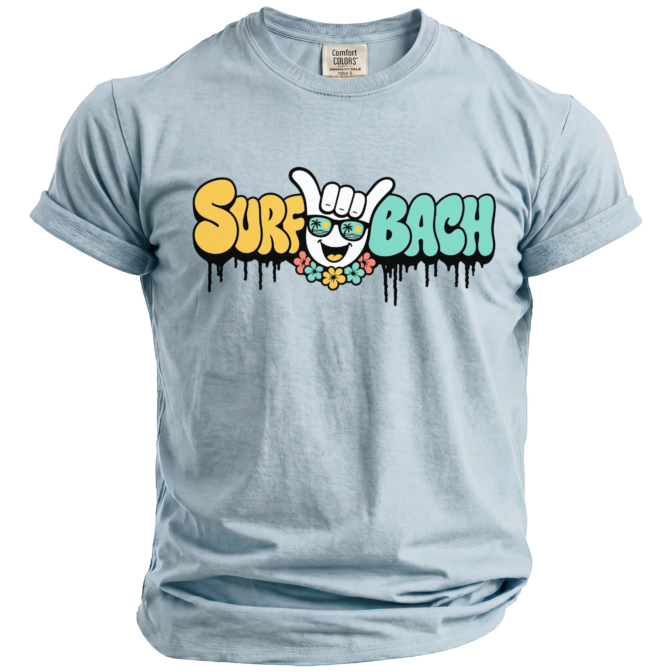 Light blue t-shirt with "Surf Bach" text and a smiley face graphic.