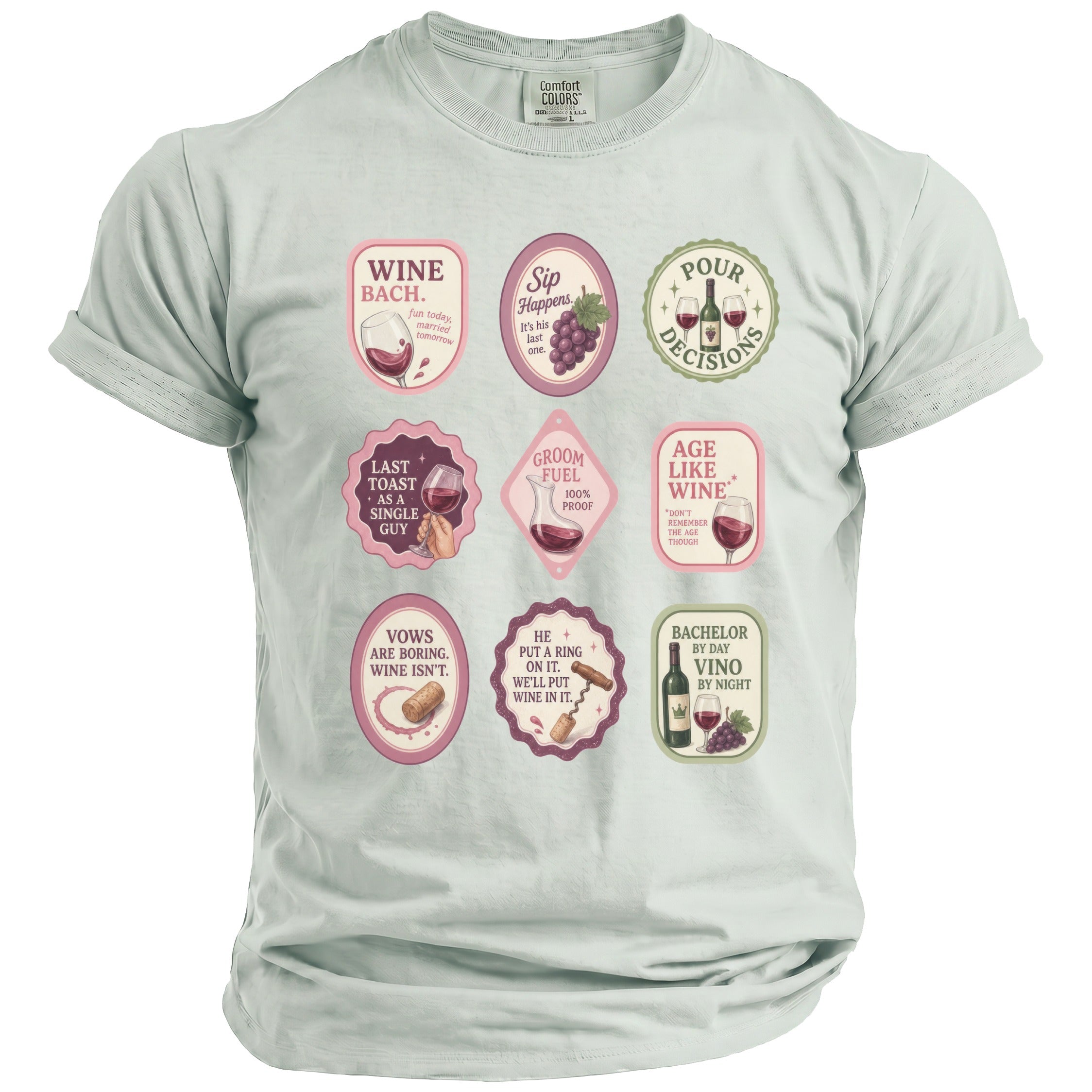 Light blue t-shirt with nine wine-themed humorous sayings and graphics.