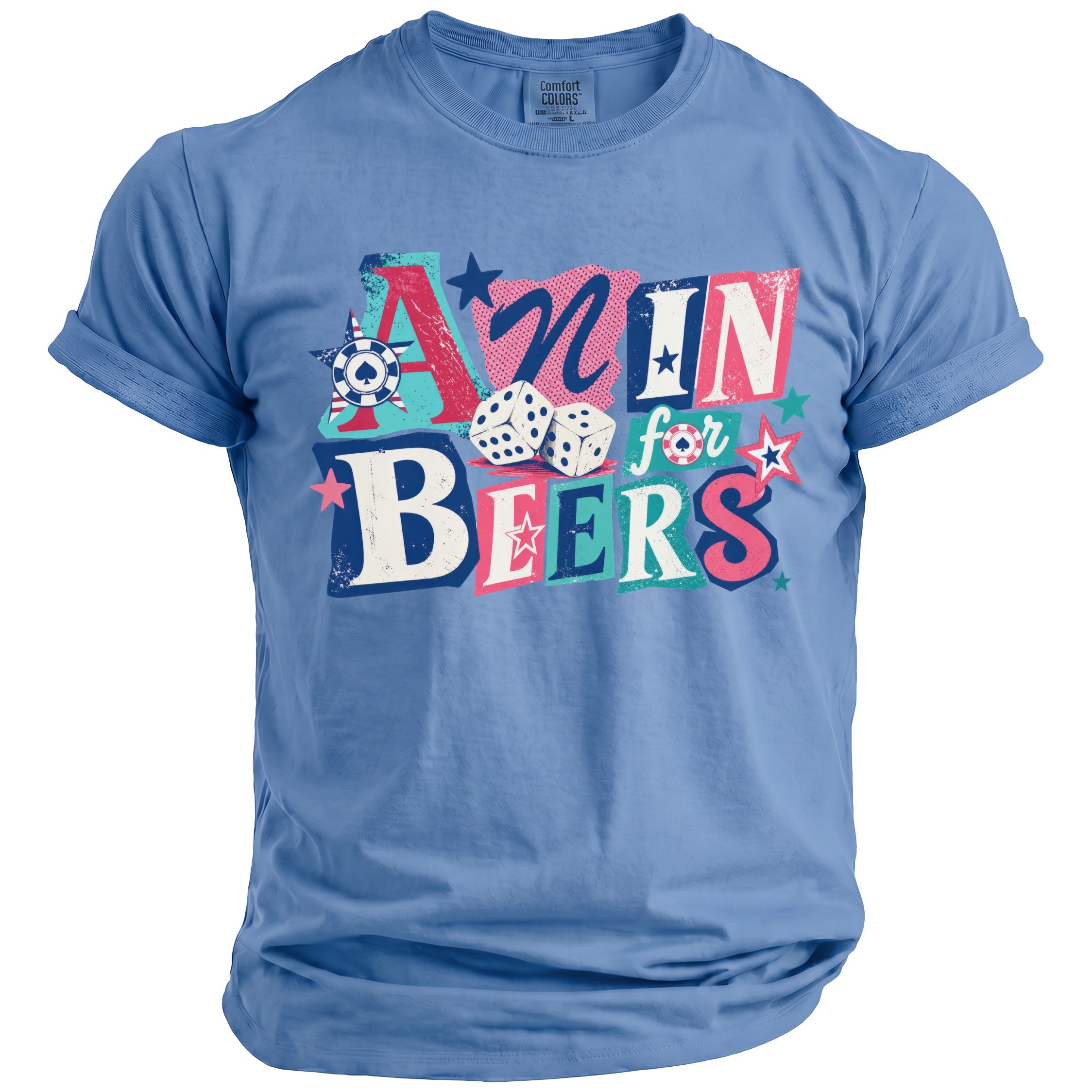 Blue t-shirt with "Ain't for Beers" graphic, dice, and poker chips.