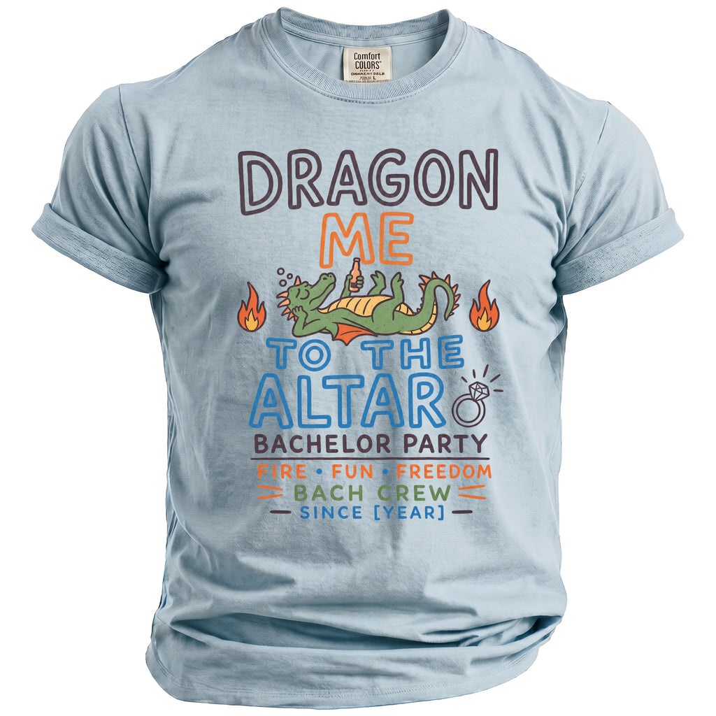 Light blue t-shirt with "Dragon Me to the Altar Bachelor Party" graphic.