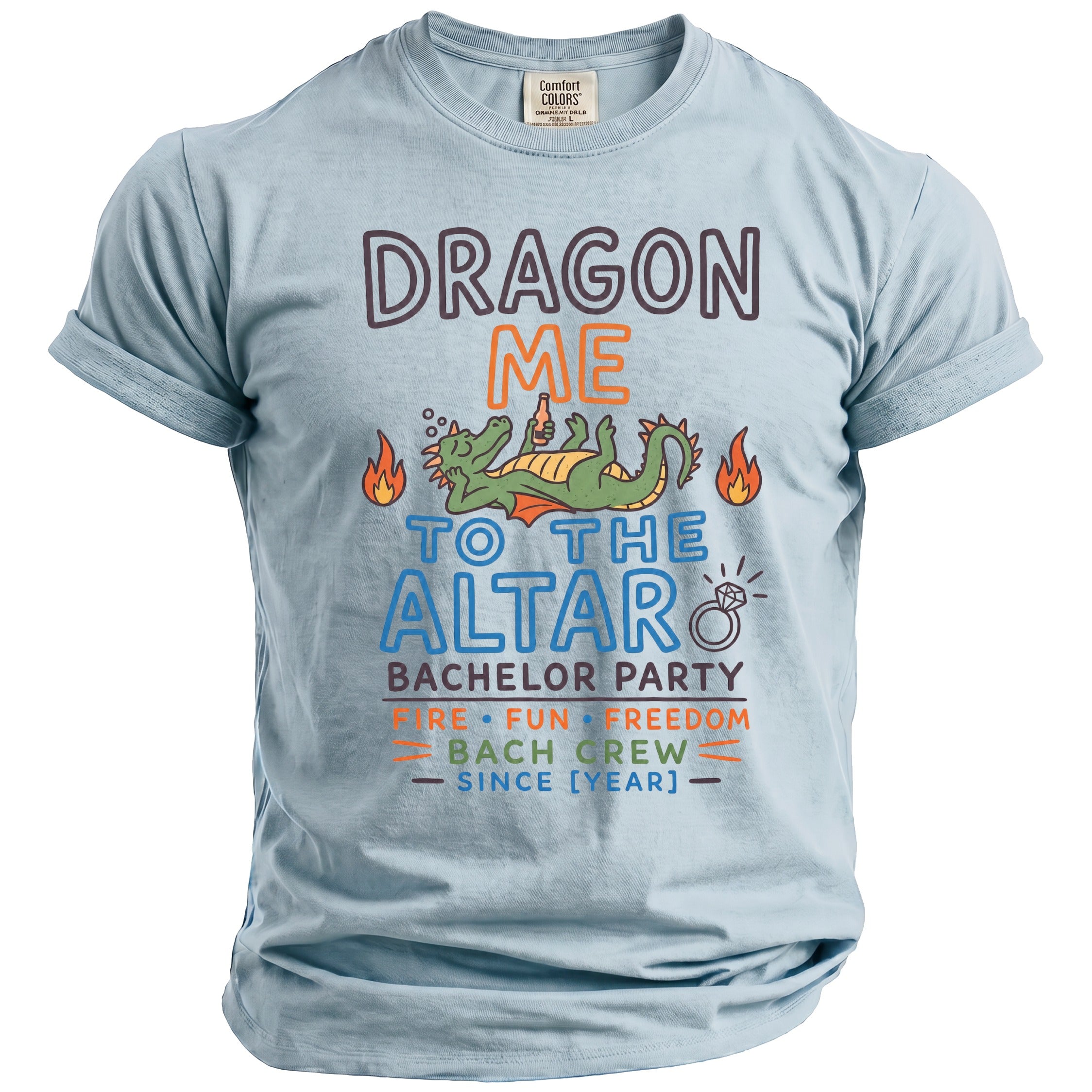 Light blue t-shirt with "Dragon Me to the Altar Bachelor Party" graphic.