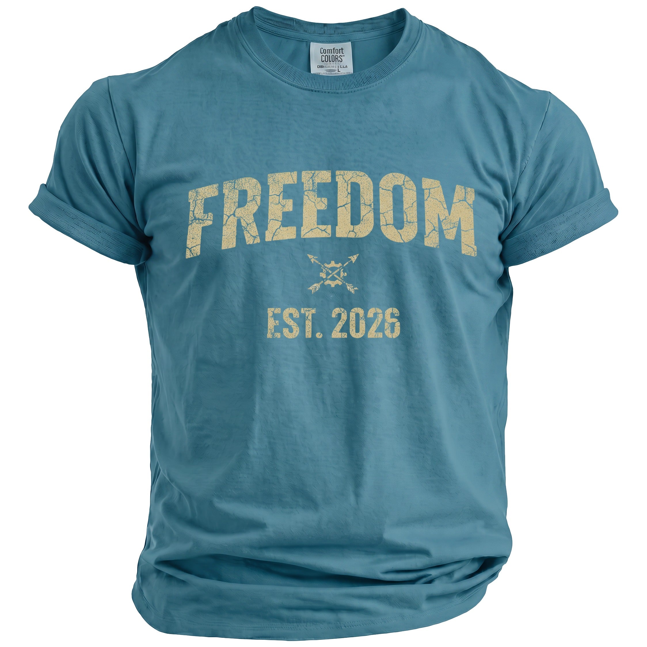 Teal t-shirt with "FREEDOM EST. 2026" graphic and crossed arrows.