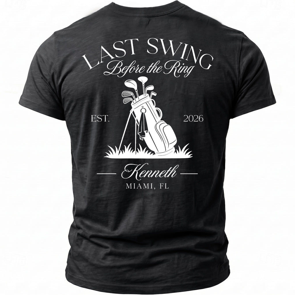 Black t-shirt with white text "Last Swing Before the Ring", a golf bag, and "Kenneth Miami, FL".