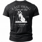 Black t-shirt with white text "Last Swing Before the Ring", a golf bag, and "Kenneth Miami, FL".