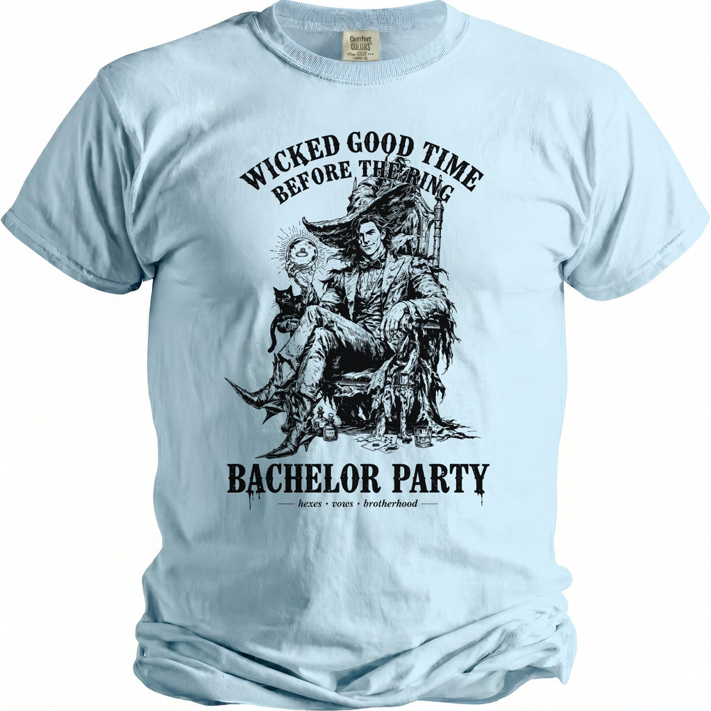 Light blue t-shirt with "Wicked Good Time Before The Ring" Bachelor Party graphic.