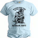 Light blue t-shirt with "Wicked Good Time Before The Ring" Bachelor Party graphic.