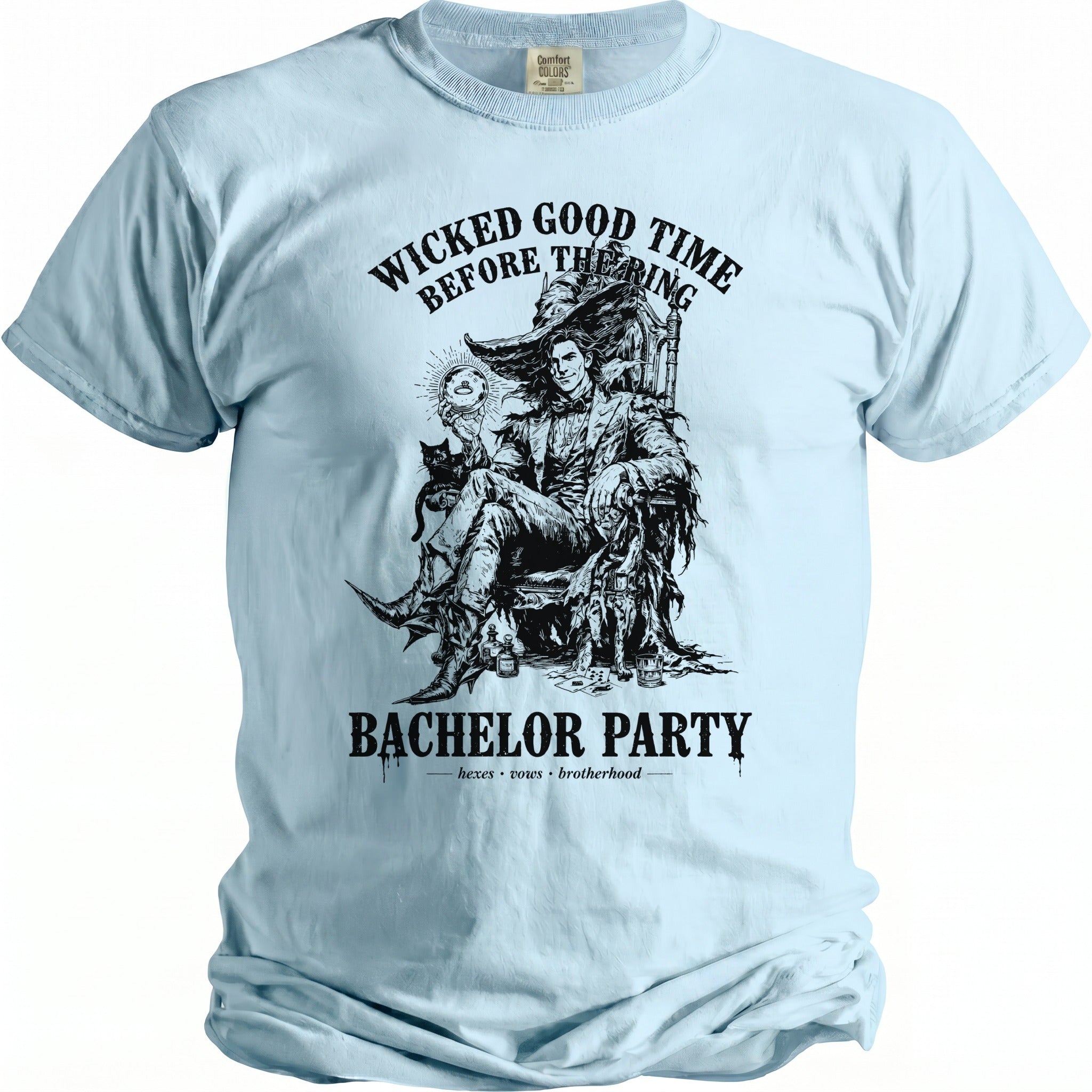 Light blue t-shirt with "Wicked Good Time Before The Ring" Bachelor Party graphic.