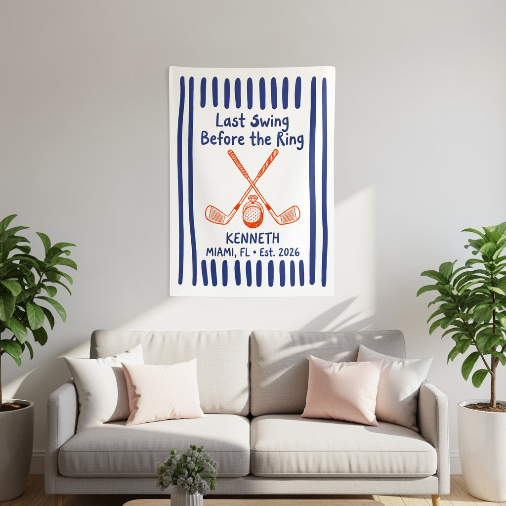 Personalized decor with golf imagery, text "Last Swing Before the Ring", Kenneth, Miami, FL, Est. 2026.