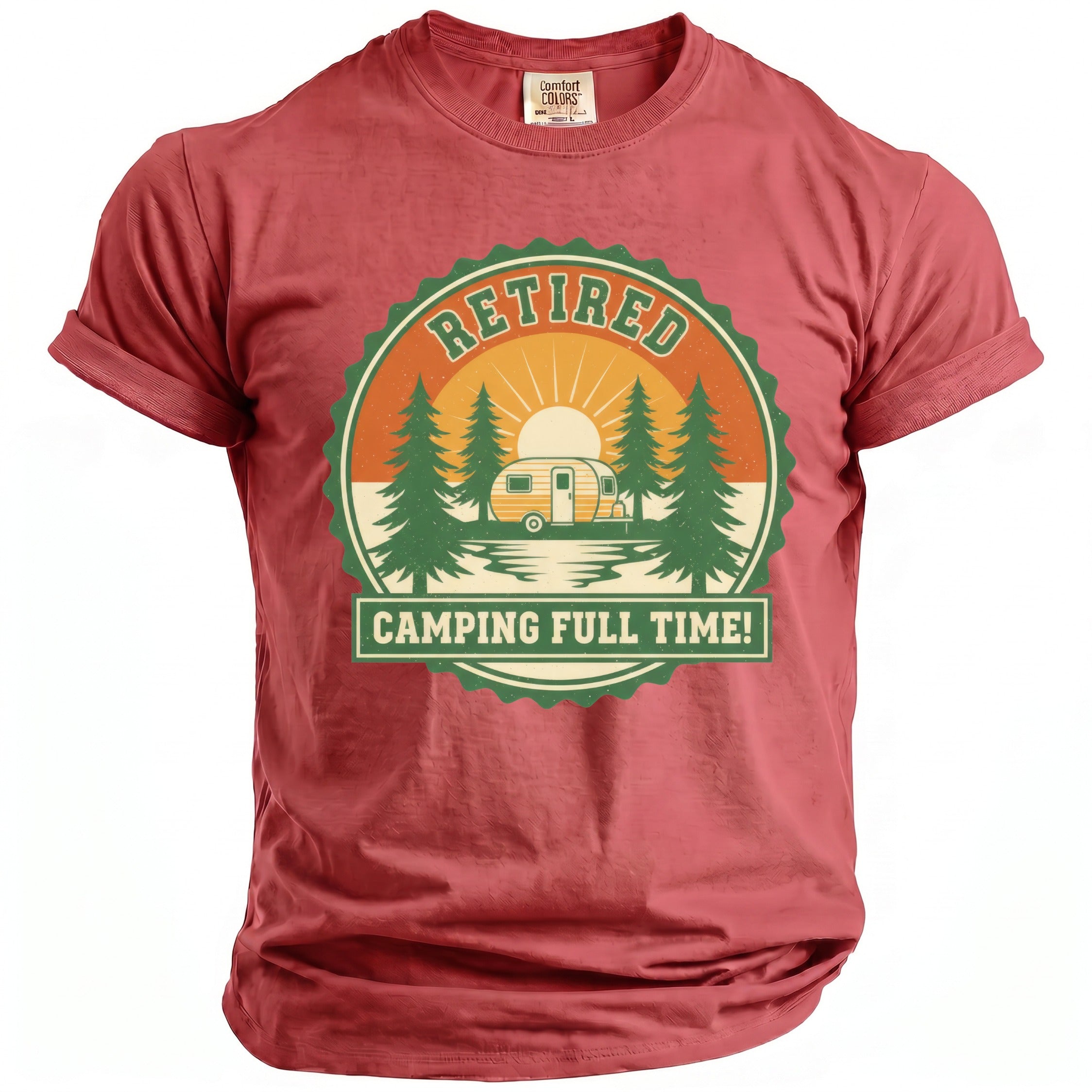Red crewneck t-shirt featuring a camping graphic with a camper, trees, sunset, and text that reads Retired Camping Full Time.