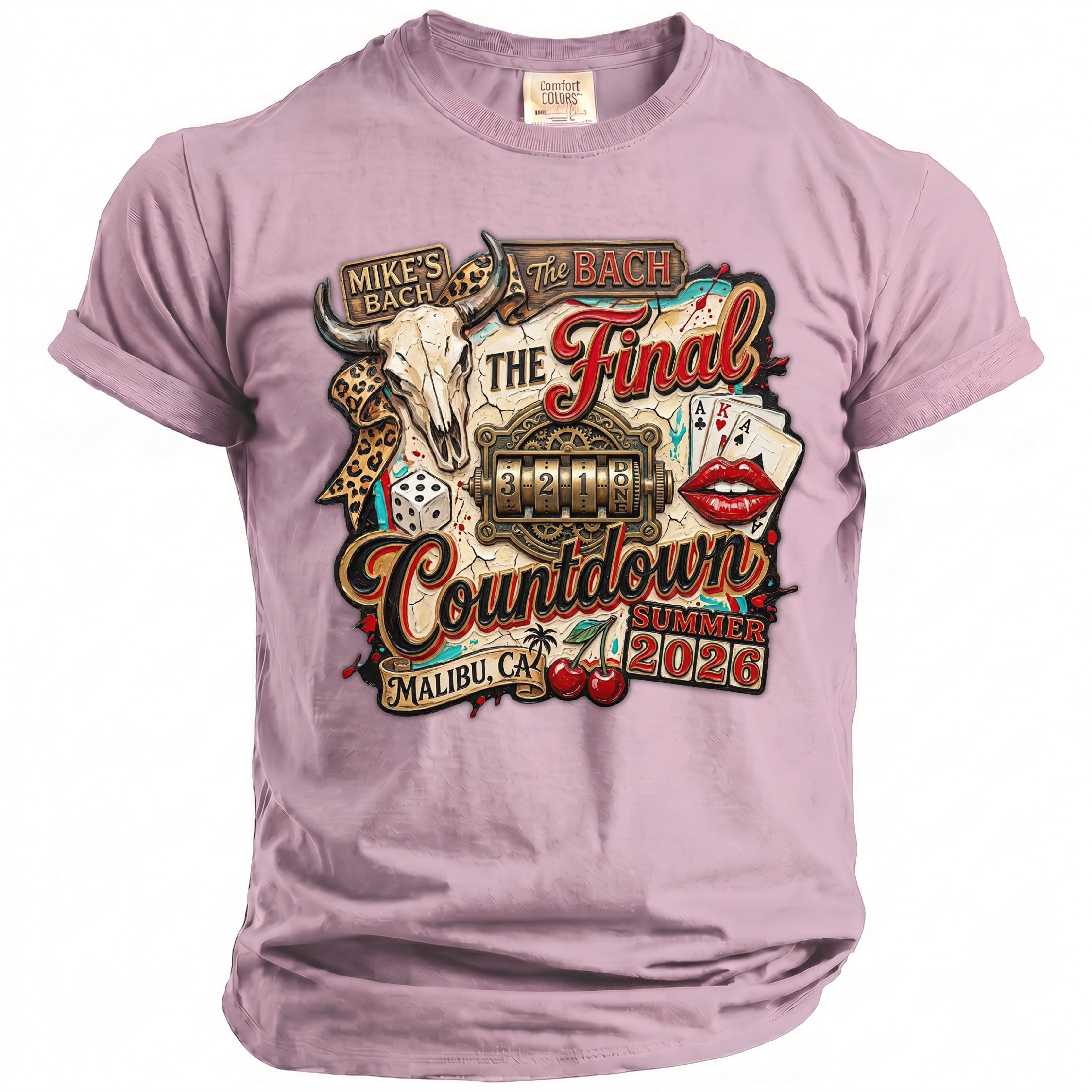 Pink t-shirt featuring "The Final Countdown" graphic with bull skull, dice, cards, and lips.