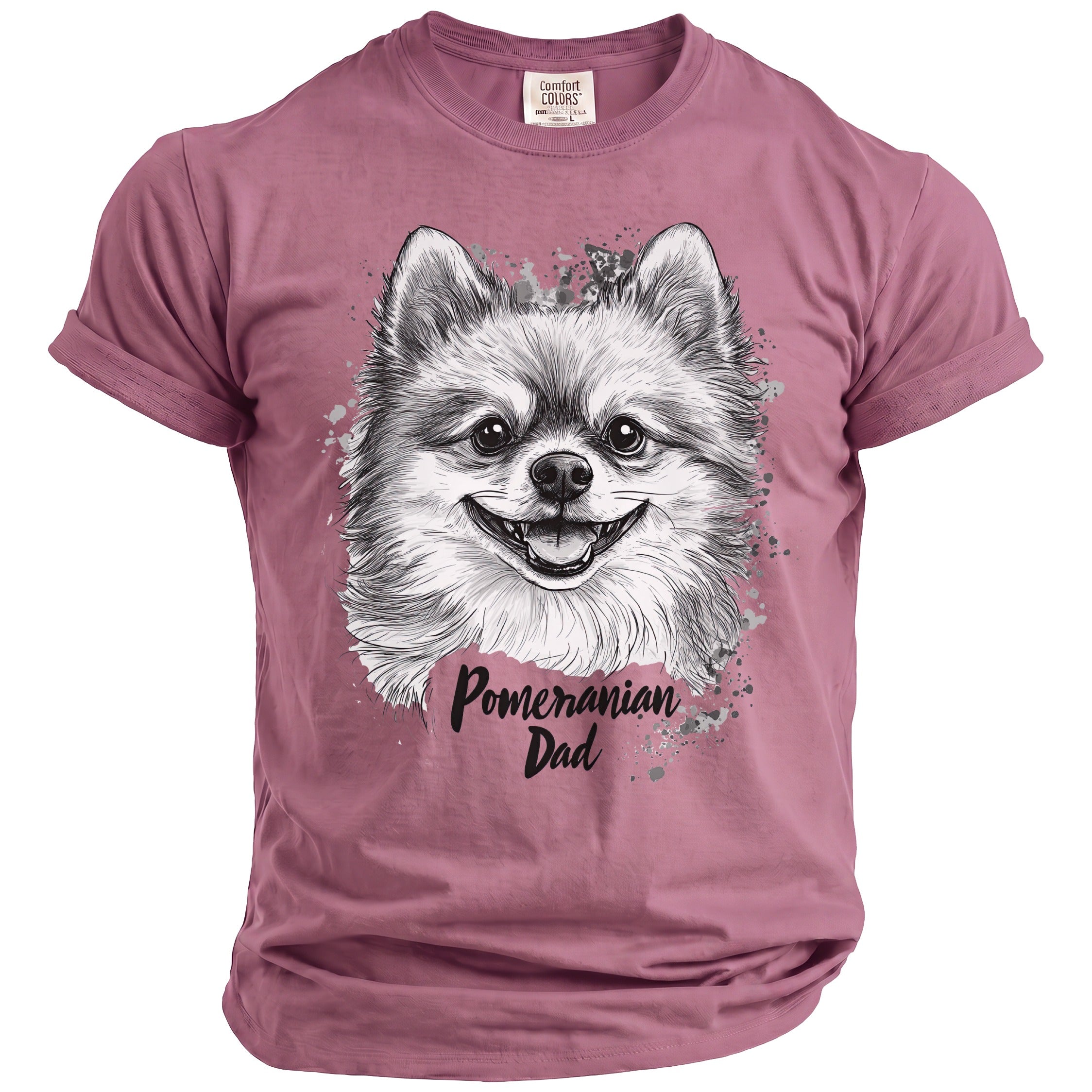 Pink t-shirt with Pomeranian dog sketch and text "Pomeranian Dad".