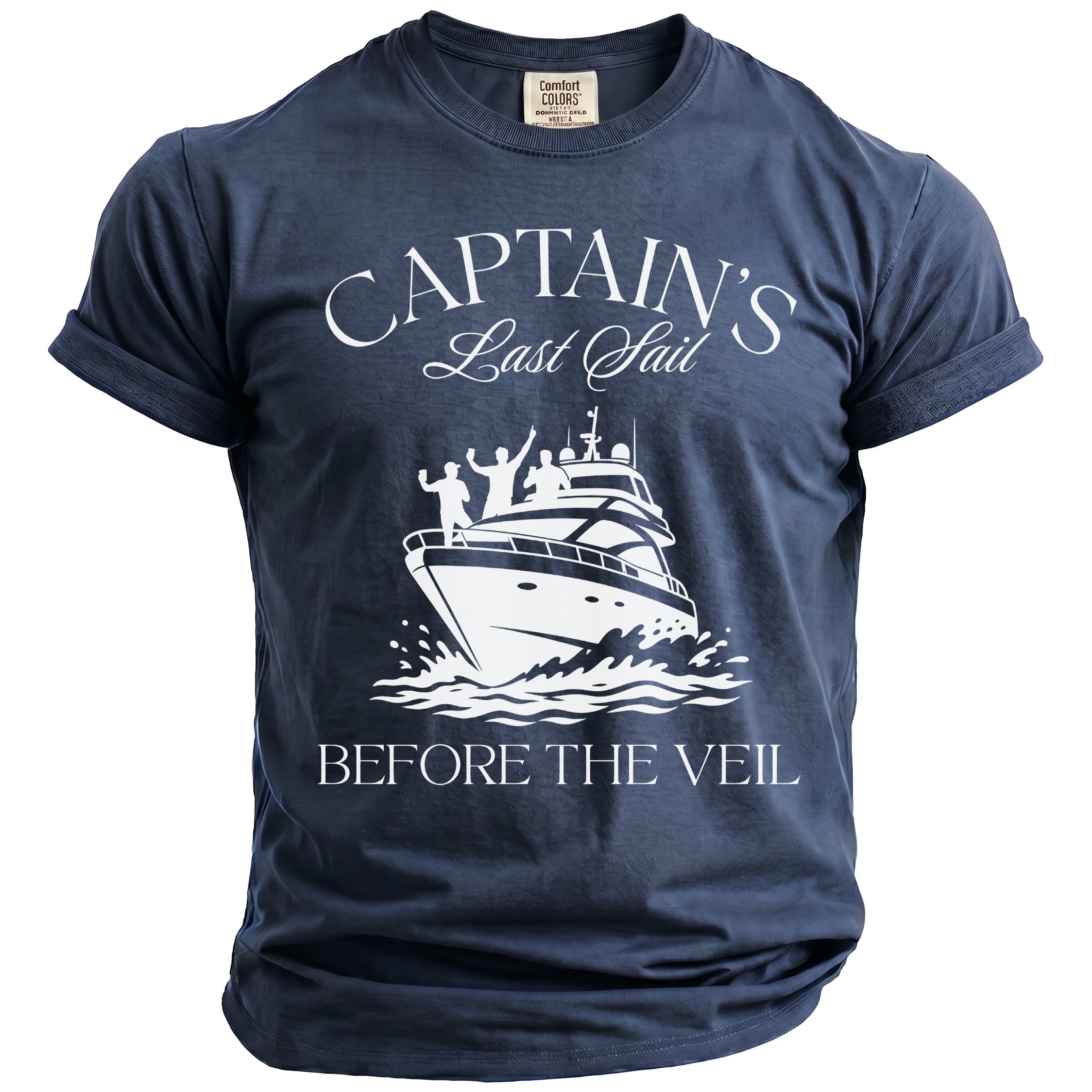 Dark blue t-shirt with "Captain's Last Sail Before The Veil" text and boat graphic.