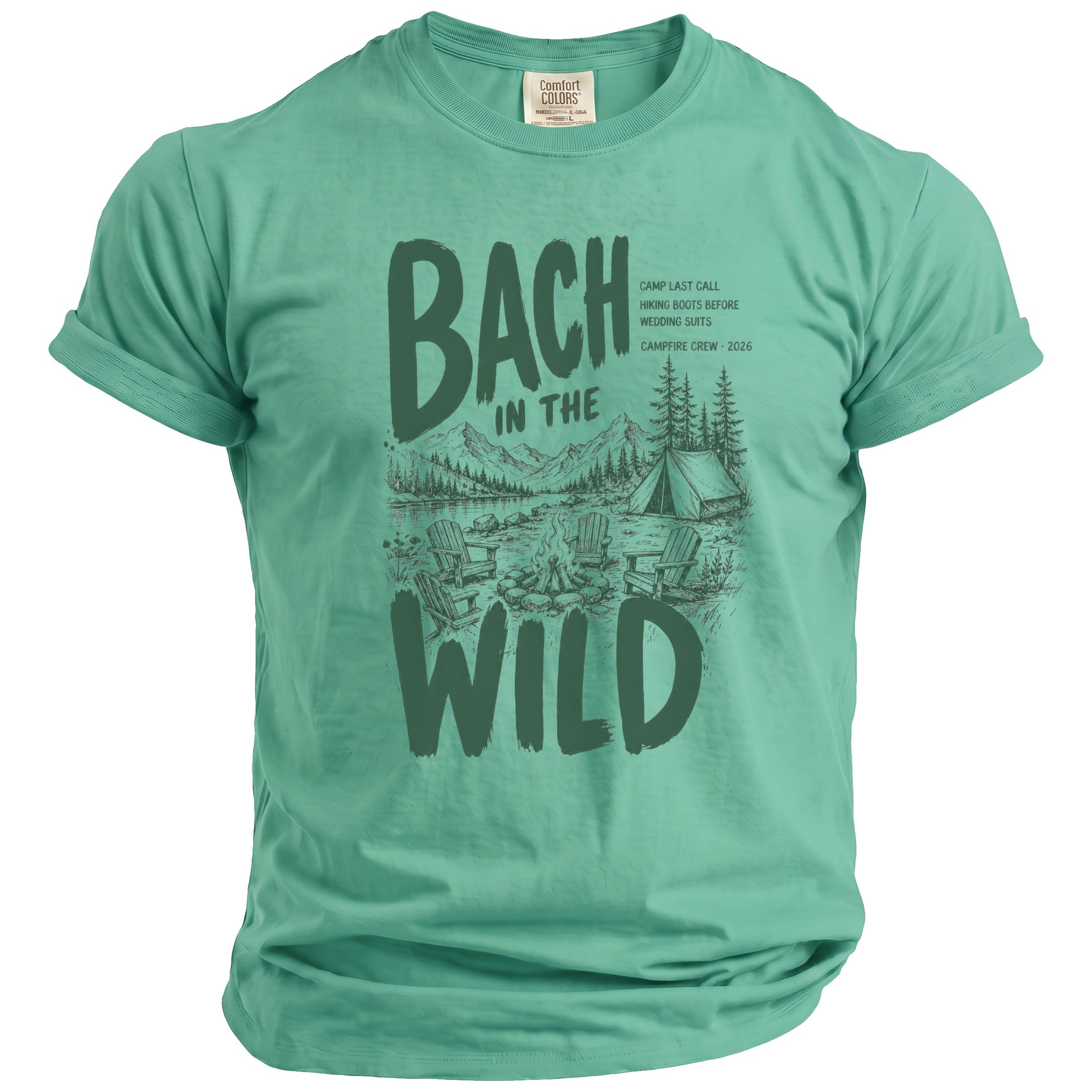 Green t-shirt with "Bach in the Wild" graphic and camping scene.