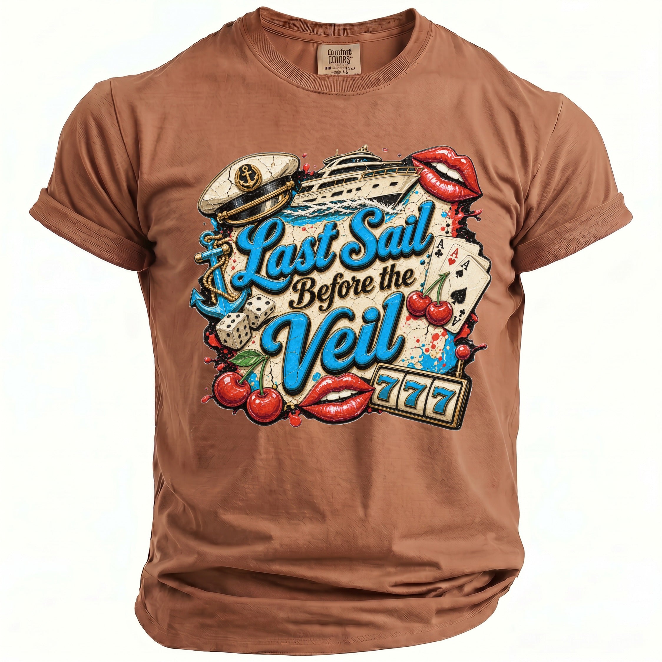 A brown crewneck t-shirt with a vintage graphic featuring the text Last Sail Before the Veil.