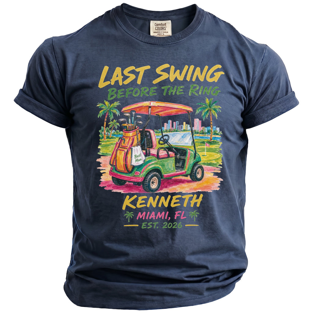 Navy t-shirt with "Last Swing Before the Ring" and "Kenneth Miami, FL Est. 2026".