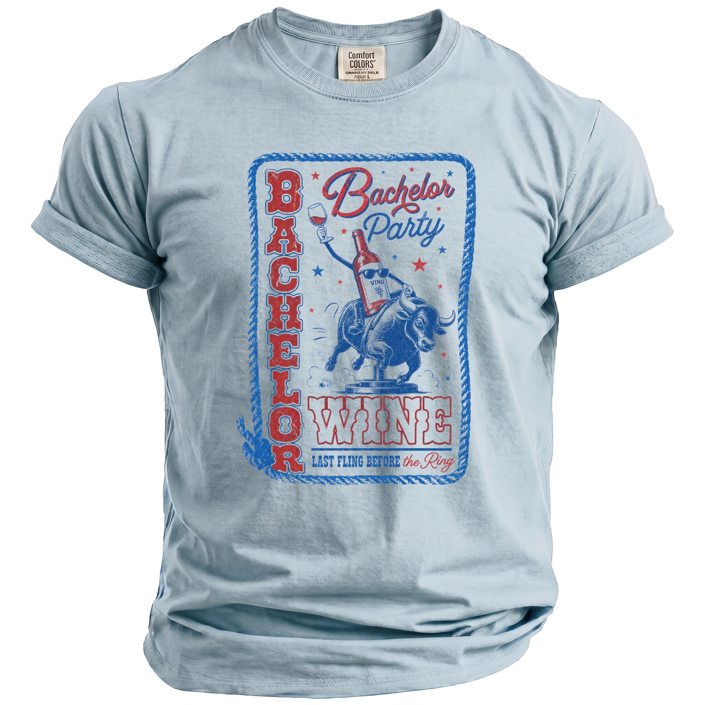 Light blue t-shirt with Bachelor Party Wine graphic of a bull rider and wine bottle.
