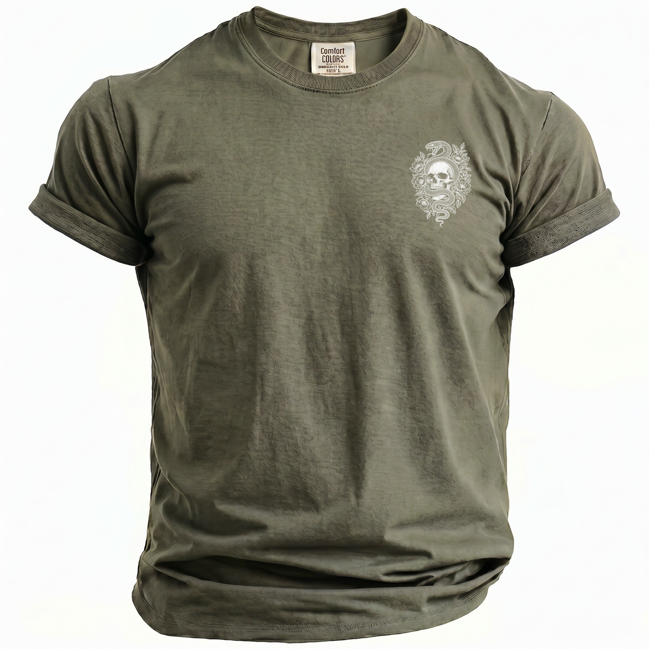 Olive green t-shirt with skull, snake, and floral graphic, and Comfort Colors tag.