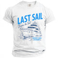 White t-shirt with blue text and graphic of a yacht, "LAST SAIL Before the Veil".
