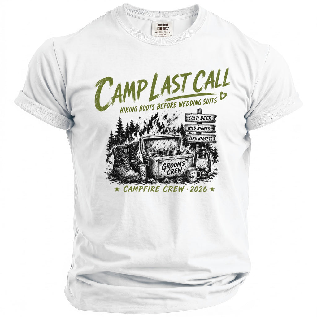 White t-shirt graphic with "Camp Last Call" text and camping imagery.