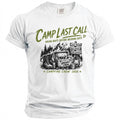 White t-shirt graphic with "Camp Last Call" text and camping imagery.
