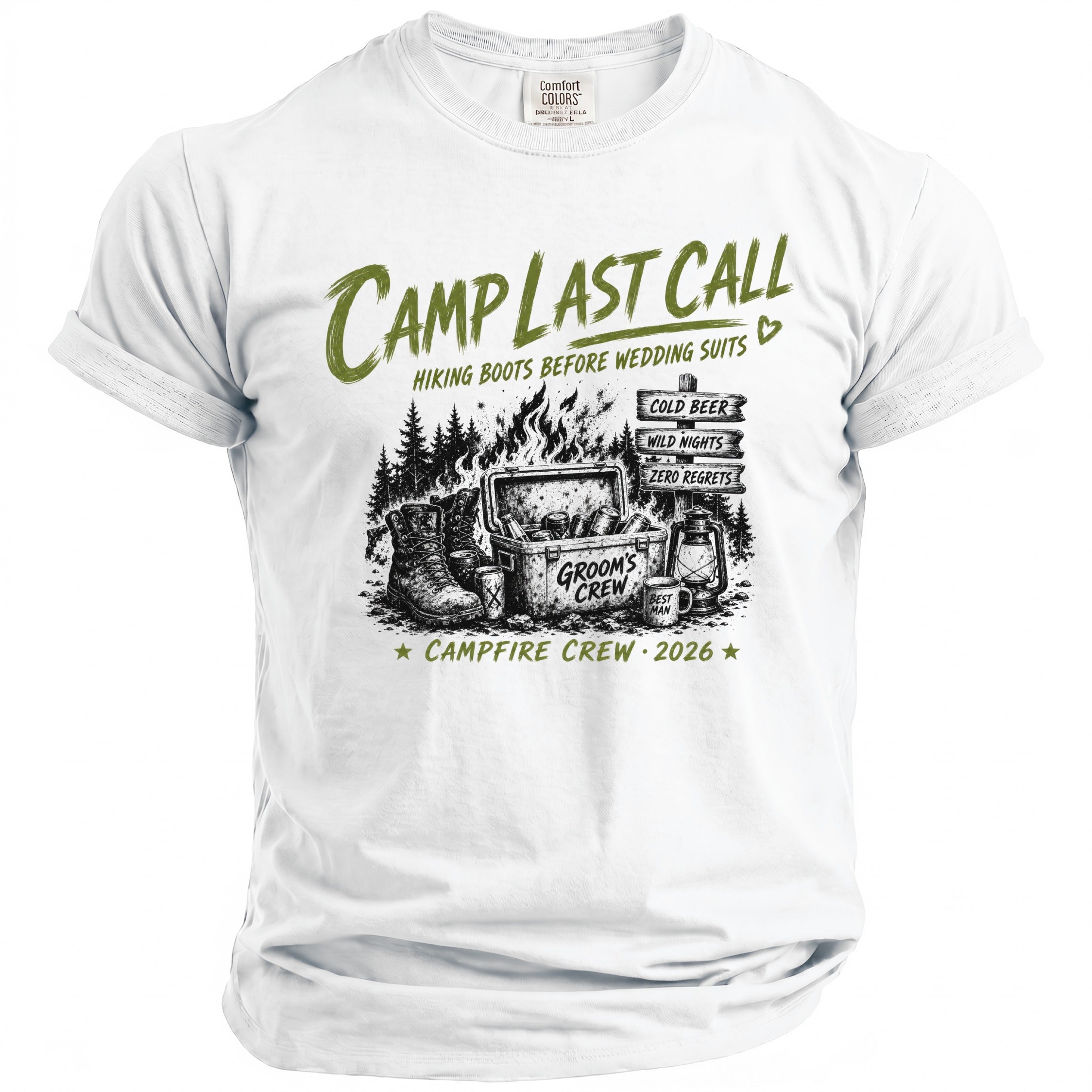 White t-shirt graphic with "Camp Last Call" text and camping imagery.