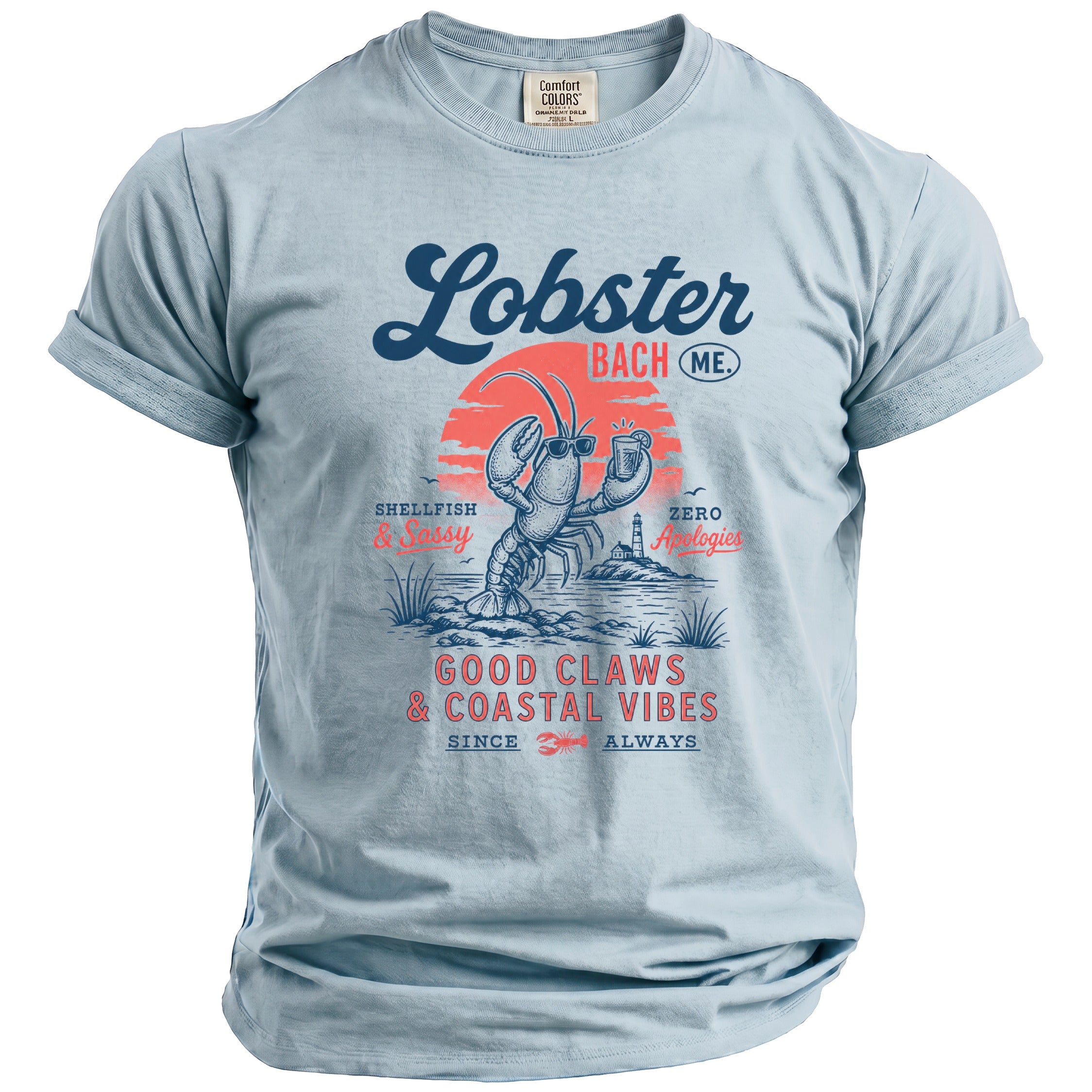 Light blue t-shirt with "Lobster" and "Good Claws & Coastal Vibes" graphic.