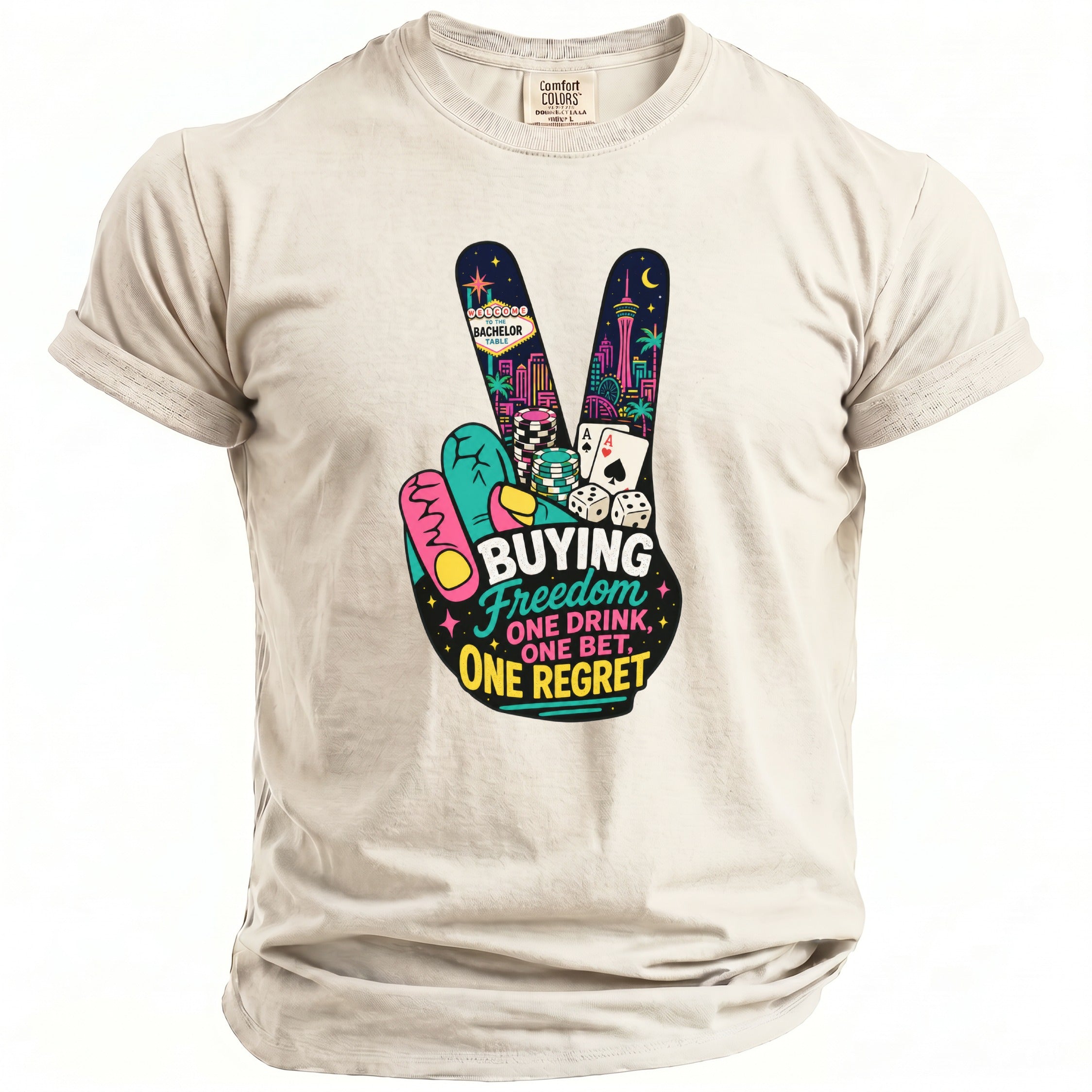 T-shirt with peace sign graphic featuring Las Vegas skyline, poker chips, cards, and dice. Text reads "BUYING Freedom, ONE DRINK, ONE BET, ONE REGRET".