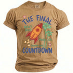 Brown t-shirt with rocket, palm trees, and text "The Final Bach Countdown Summer 2026 Malibu, CA".
